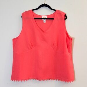 Talbots Woman Coral Pink 100% Irish Linen V-Neck Sleeveless Pom Pom Top 3X